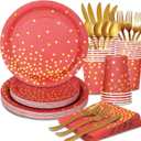 168Pcs Red and Gold Party Decorations, Red Plates and Napkins Party Supplies Serve 24, for Birthday Chinese New Year, Valentines, Mardi Gras