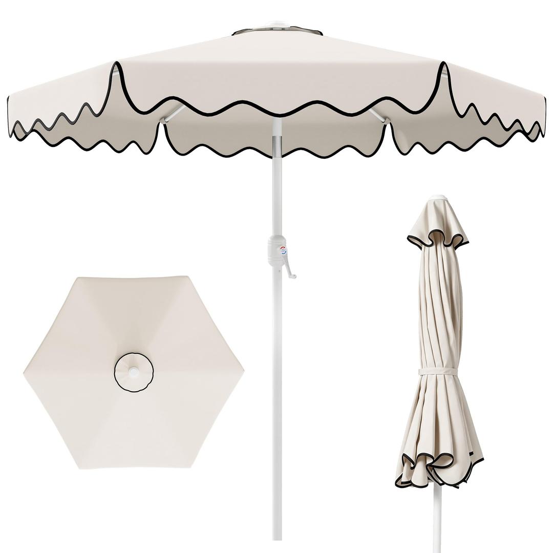 AreShark 9FT Outdoor Patio Umbrella with Wavy Trim (White)