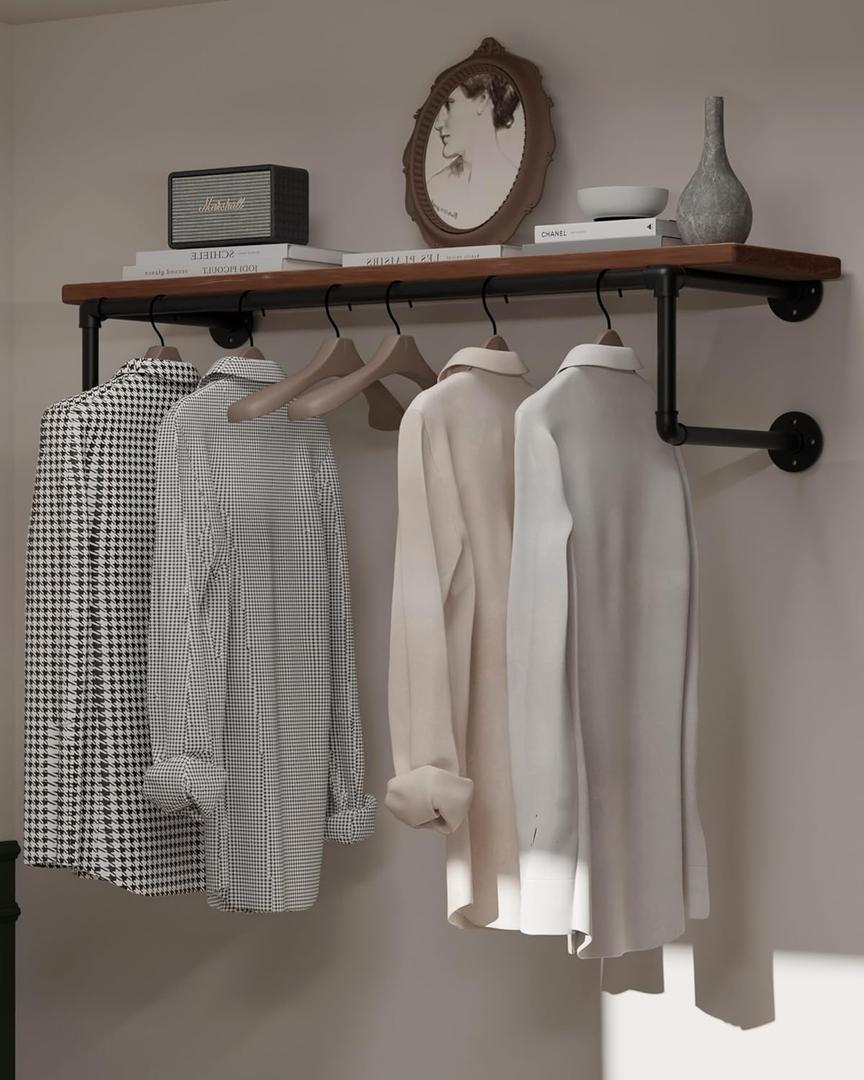 Clothes Rack 36in, Wall Mounted Garment Racks with Brown Real Wood Shelf, Heavy Duty Hanging Clothes Rack, Multi-Purpose Hanging Rod, Space-Saving Closet Storage