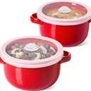 LE TAUCI Soup Bowls with Handles and Silicone Lids, 28 oz Ceramic Ramen Bowl Microwavable, Oven Safe French Onion Soup Bowls for Noodles and Cereal, Lead & Cadmium Free Soup Crocks, Set of 2, Red