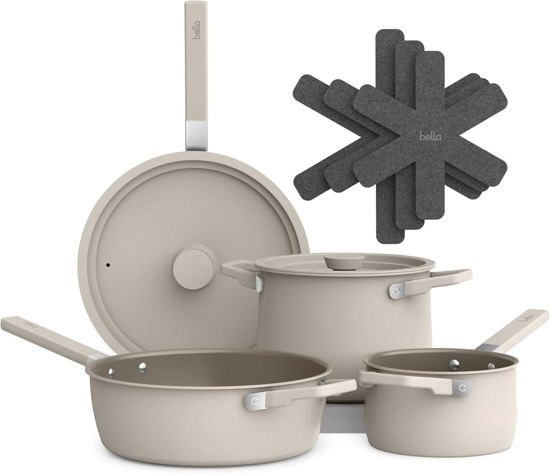 Bella 9 Piece Ceramic Nonstick Cookware Set, Fits-anywhere Kitchenware w EverGood Coating, Dishwasher & Oven Safe, All Stovetops Compatible, Stackable Design, Cool Touch Handles, Oatmilk