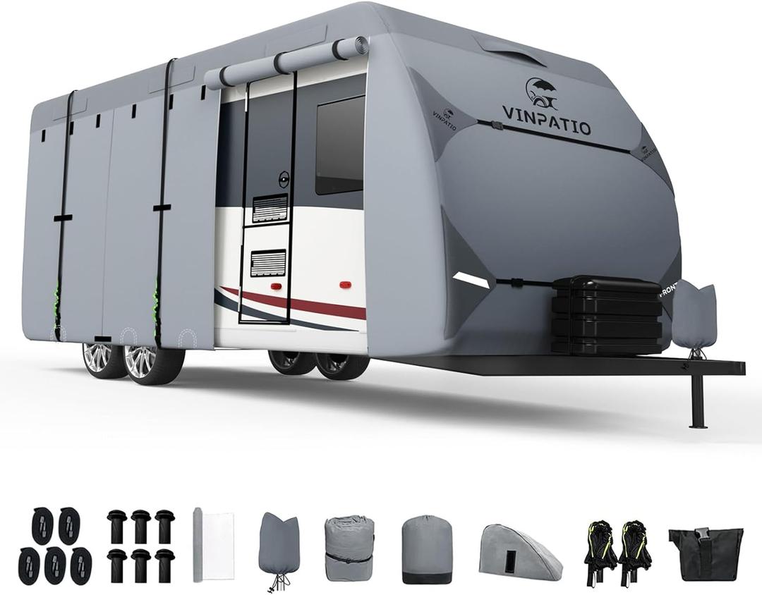 VINPATIO Heavy Duty RV & Trailer Cover - 7 Layers, Fits 20'-22' Travel Trailer, Toy Hauler & Camper Cover with Tongue Jack Protection, Windproof Straps & Gutter Covers VINPATIO Heavy Duty RV & Trailer Cover - 7 Layers, Fits 20'-22' Travel Trailer, Toy Hauler & Camper Cover with Tongue Jack Protection, Windproof Straps & Gutter Covers