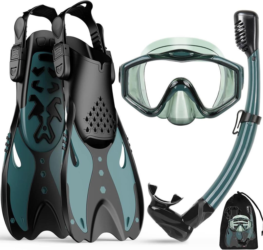KUYOU Mask Fins Snorkeling Gear for Adults - Wide View Anti-Fog Mask, Full Dry Top Snorkel Gear Set (Large-X-Large, Dark Celadon)