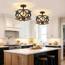 SGLfarmty Farmhouse Ceiling Light Fixture, 4-Light 13.8 Inch Rustic Industrial Black Metal Wood Cage Semi Flush Mount Lighting for Kitchen, Hallway, Bedroom, Entryway, Foyer