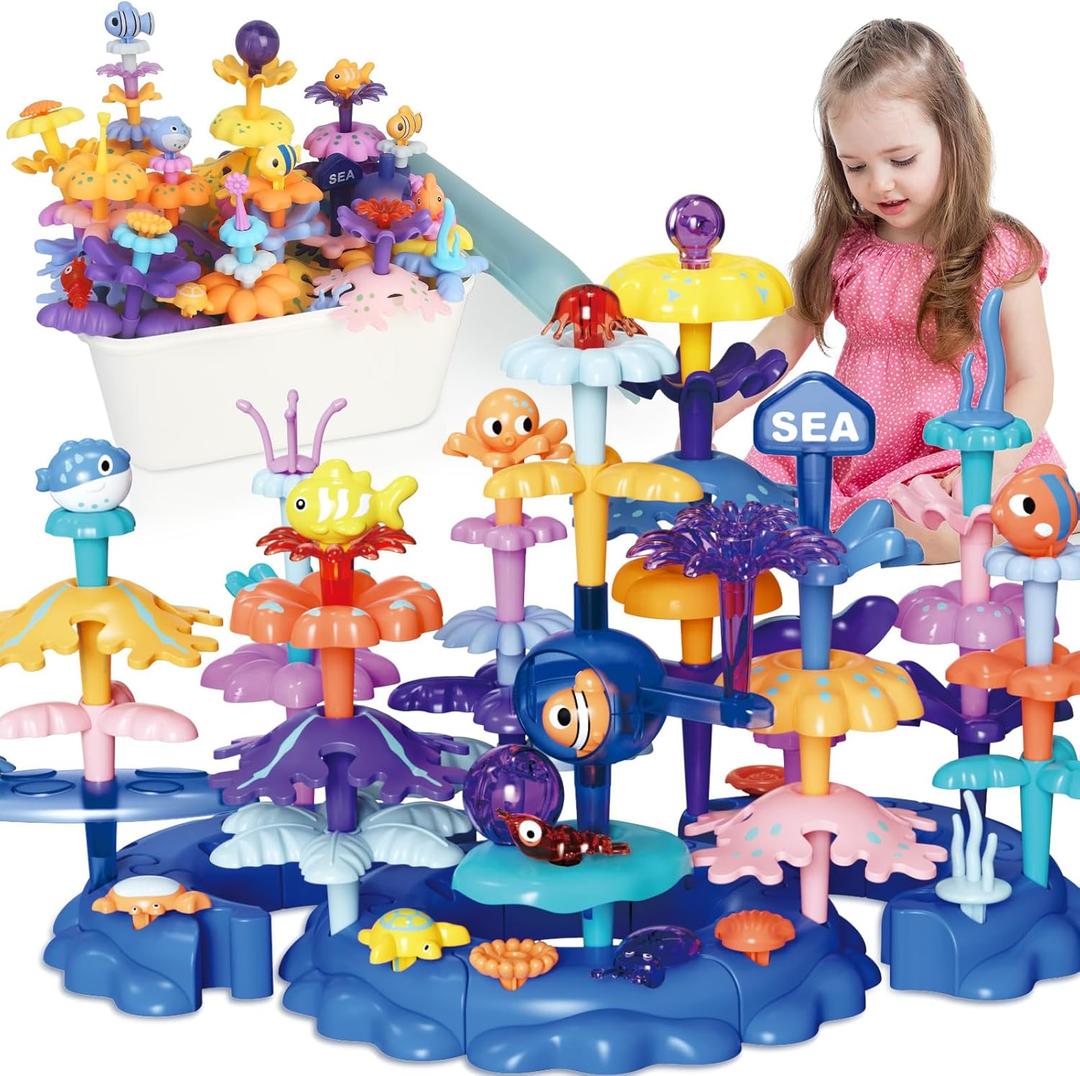 Coral Garden Flower Building Toys for for Toddlers 3-5 Year Old Upgrade DIY Building Blocks Toys for Ages 2-4 Girls, Educational STEM Christmas Birthday Gift for Kids(76PCS)