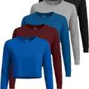 5 Pack Women's Dry Fit Long Sleeve Crop Tops Workout Athletic Crew Neck Tee | Available In Plus Size, Basic Casual Gym Running Yoga Pilates Exercise Shirts, Plain Moisture Wicking, Cute Trendy Cropped, Medium