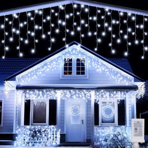 Joomer Christmas Icicle Lights - 65FT String Lights Outdoor Waterproof, 8 Modes Timer Connectable Plug-in String Light for Eaves, Roofs, Christmas Decorations (White, Non-Connectable)