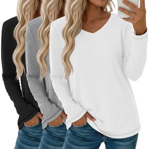 Oakgarden 3 Pack Women's Long Sleeve T Shirts Casual V Neck Tops Loose Fit Basic Tees Soft Fall Tee Shirts (X-Large, Black, Gray, White)