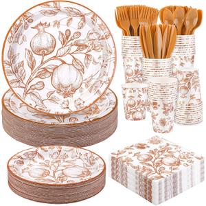 Kochorie 400 Pieces Fall Disposable Pomegranate Paper Plates Thanksgiving Vintage Floral Party Tableware Sets Including Orange Plates Cups Napkins Cutlery Serve 50 for Wedding Baby Shower Party Decor