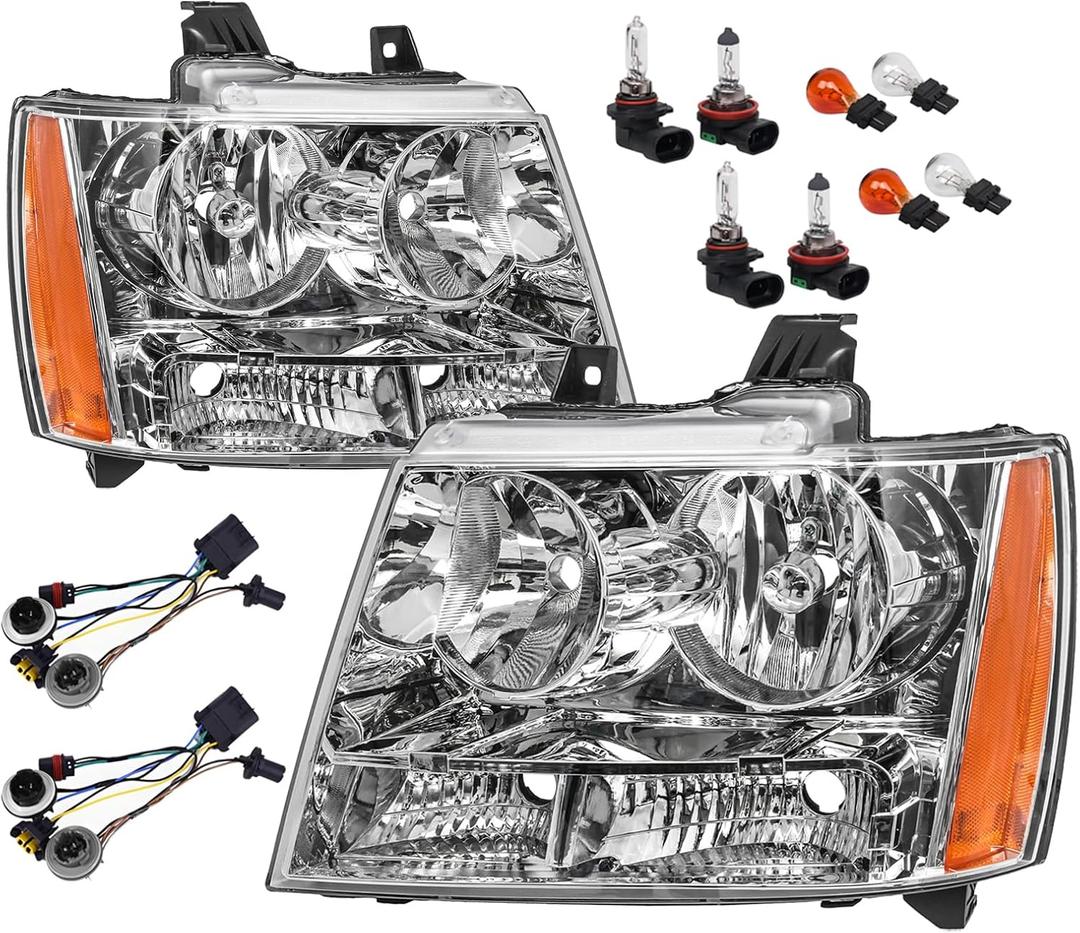 Headlights Assembly w/Bulbs & Harness compatible with 2007 2008 2009 2010 2011 2012 2013 Chvey Tahoe Avalanche Suburban, Chrome Housing Amber