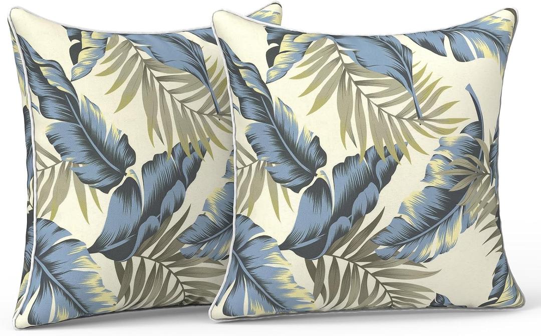 LVTXIII Outdoor Throw Pillow Covers 16x16 inch Waterproof Tropic Accent Pillow Cases Fluffy Outdoor Cushion Covers for Garden and Patio Furniture Decoration,2 Pack,Lush Palm Blue