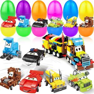 12 Pack 3" Large Filled Easter Eggs with Stem Toy Cars Kids Easter Basket Essential Plastic Surprise Egg Building Blocks 6 in 1 Transform Construction Vehicle Basket Stuffers Boy Egg Hunt Party Favor