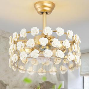 20" Gold Fandelier Ceiling Fan with Light, Caged Flower Chandelier Ceiling Fans with Lights Remote Control, Mid-Century Modern with 6 Speeds for Bedroom, Nursery