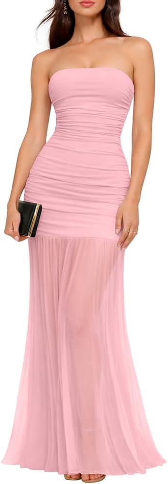 LAGSHIAN Women's Elegant Wedding Guest Maxi Dress Sleeveless Tube Ruched Mesh Evening Long Dresses, S