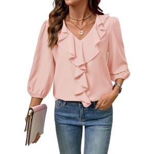 SHEWIN Womens Blouses Dressy Casual 3/4 Length Sleeve Work Shirts Business Casual Tops Spring Outfits for Women 2026 (Pink, M)