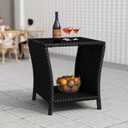 kinbor Small Outdoor Table - Tempered Glass Top Small Outdoor Wicker Side Table with Storage Shelf for Patio, Balcony & Porch, Durable PE Rattan & Iron Frame