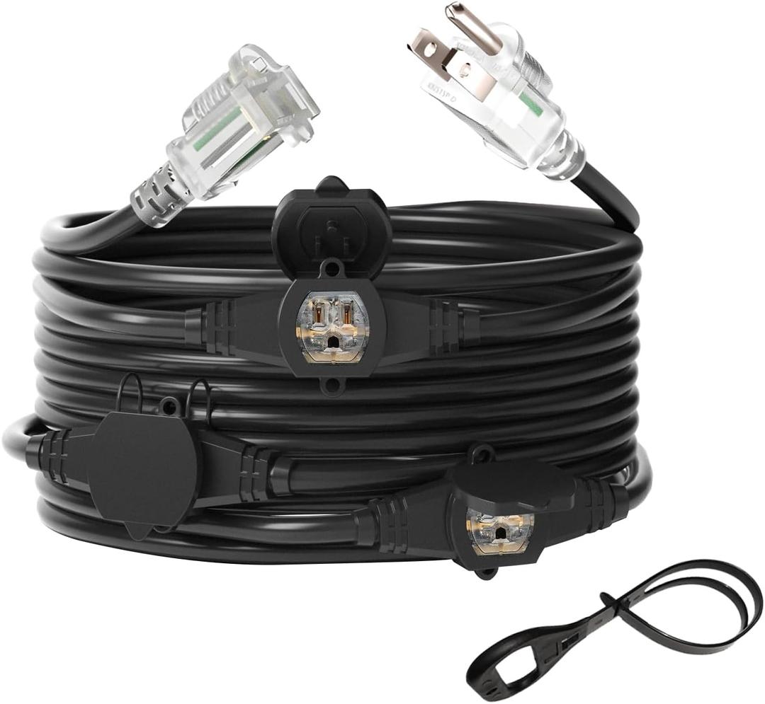Oviitech 25FT Power Extension Cord 3 Prong, 14 Gauge SJTW 5-15R Male Plug to Female Connector,7 Outlet Cable,Multiple Evenly-Spaced Plug,Suitable for Stage Setting or Outdoor,UL Certified Outlet Cable