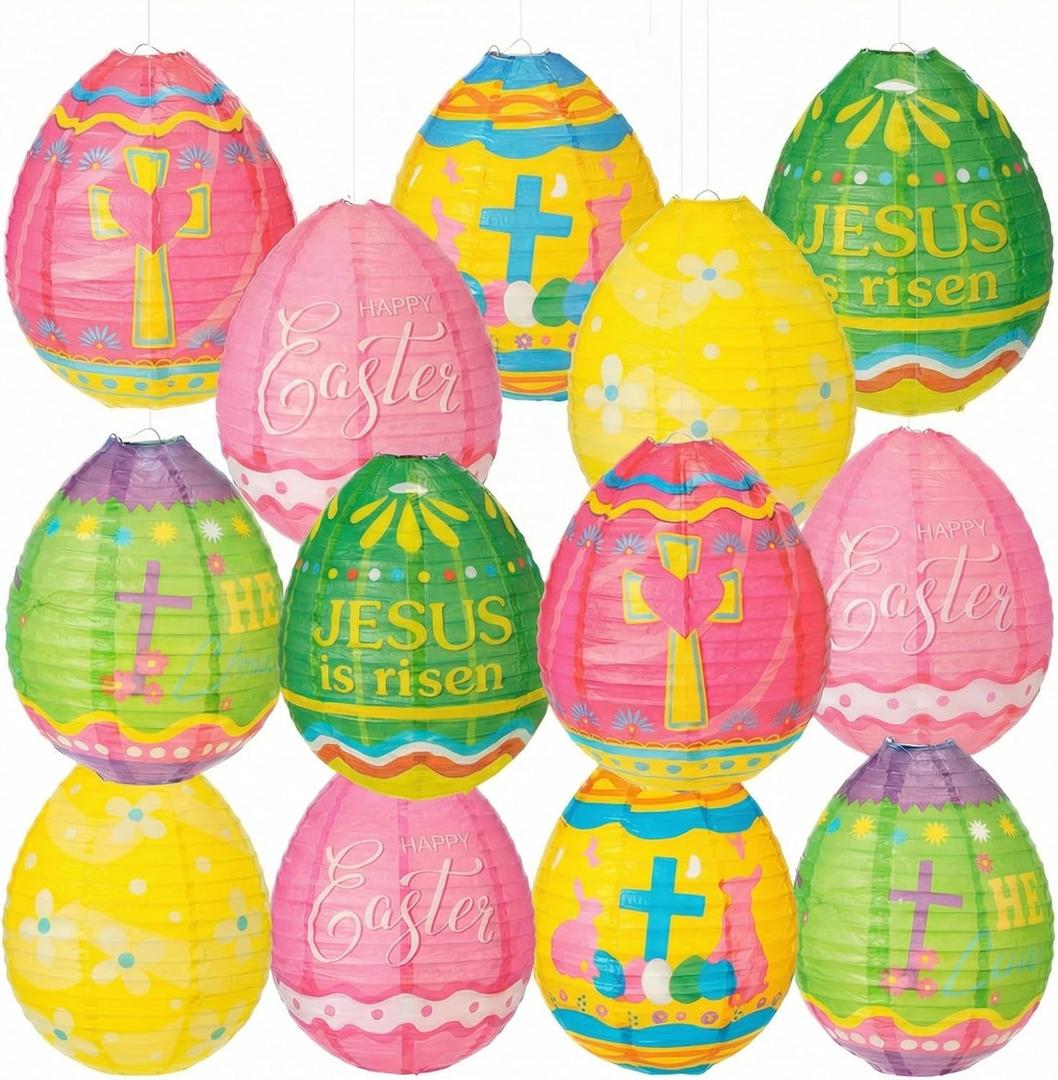 Wenqik 12 Pcs Easter Egg Paper Lanterns Party Decorations 10 Inch Spring Colorful Flower Dot Decorative Ceiling Hanging Lanterns for Home Easter Birthday Party Supplies, 6 Styles(Christian)