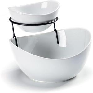 UNICASA Serving Bowls Set, 2 Tier Chip and Dip Bowls with Metal Rack Stand for Fruit, Salad, Candy, Snacks - Ceramic Tiered Appetizer Serving Dishes Food Display Stand for Parties, Kitchen