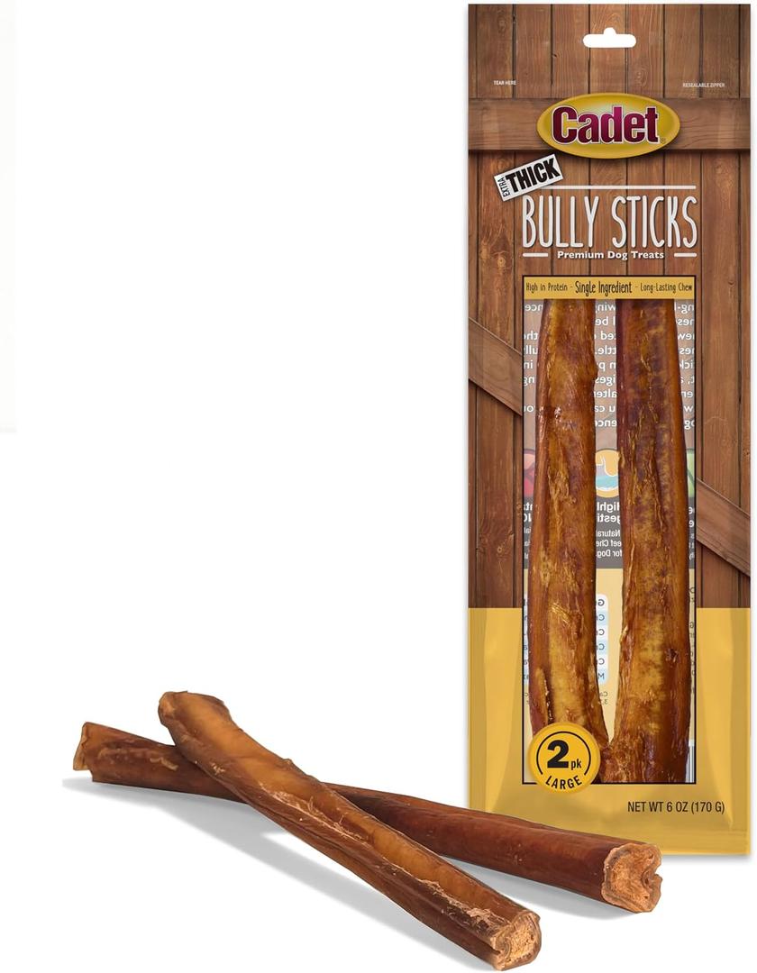 Cadet Bully Sticks for Large Dogs, All-Natural Beef Pizzle, Rawhide-Free Long-Lasting Dog Chews for Aggressive Chewers, Extra-Thick, 2 Count (EXP 03/27/27)
