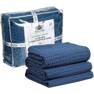 Hillfair 100% Cotton Oversized King Bed Blanket - 120" x 120" - Family Size 10 ft x 10 ft - Waffle, Breathable - Blue