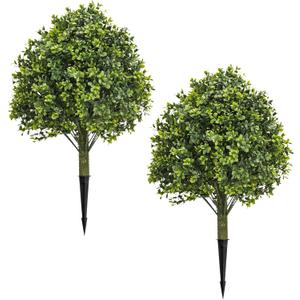 Fake Bushes Outdoors Topiary Trees Set of 2-23.6'' Artificial Shrubs Boxwood Balls with Ground Spikes for Front Porch Decor, Faux Plants UV Resistant Fake Evergreen Tree for Home Decor