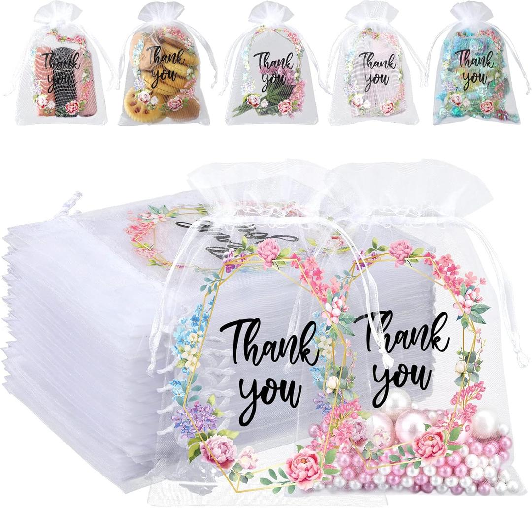 Hoolerry 200 Pcs Thank You Gift Bags Wedding Sheer Organza Bags with Drawstring 4 x 6 Inch Small Floral Candy Pouch Bulk Mesh Jewelry Goodie Pouch for Bridal Baby Shower Birthday Employee Party Favor (White)