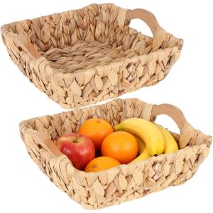 Wicker Basket - 2-Pack Square Water Hyacinth Storage Baskets with Built-In Handles, Natural Woven Water Hyacinth Storage Bins for Bedroom, Living Room & Entryway