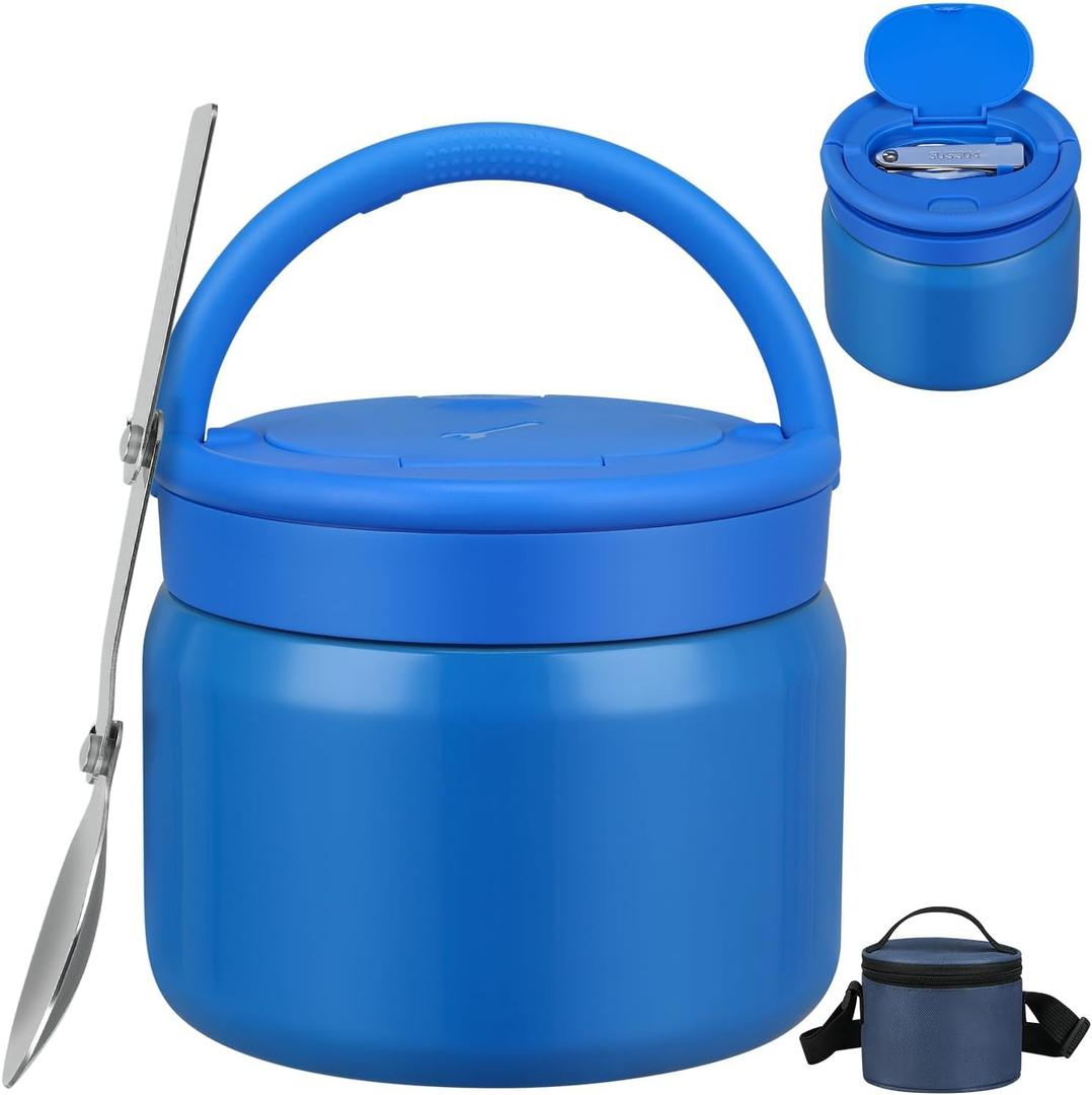 2025 Soup Thermo for Hot Food Kids with Insulated Bag, 15oz Vacuum Insulated Food Jar Wide Mouth Leakproof Lunch Container with a Stainless Steel Spoon for School Office, Blue