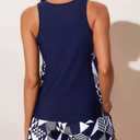 Navy Blue Scoop Neck Sporty Back Tankini Set With Pockets Shorts, Size 14