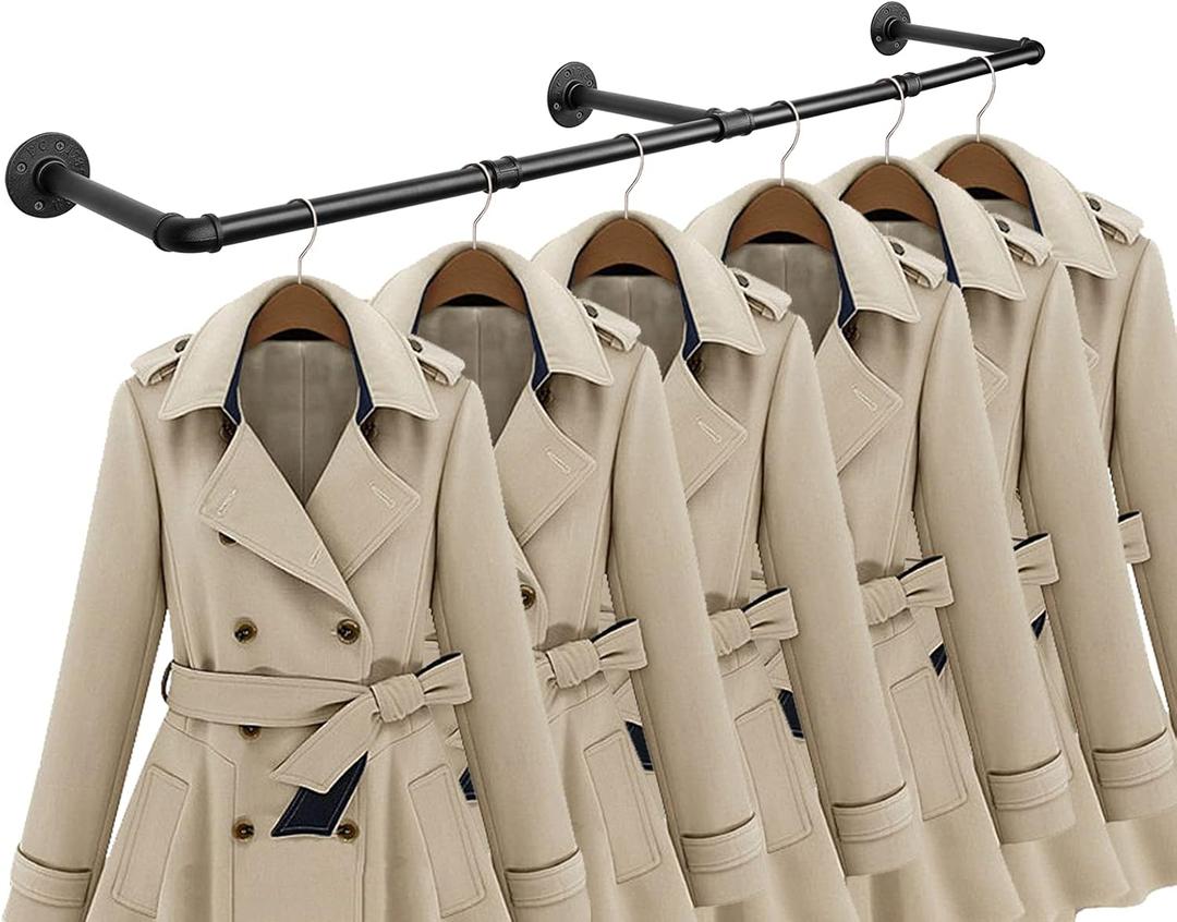 Industrial Iron Pipe Clothes Hanging Bar DIY Wall-Mounted Garment Rack Heavy Duty Clothing Rack for Bedroom, Laundry Room, Closet Storage (Black 50 inch)