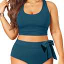 Tempt Me Plus Size Two Piece Swimsuits - Women High Waisted Bikini Scoop Neck Bathing Suit Swimwear Teal 12 Plus