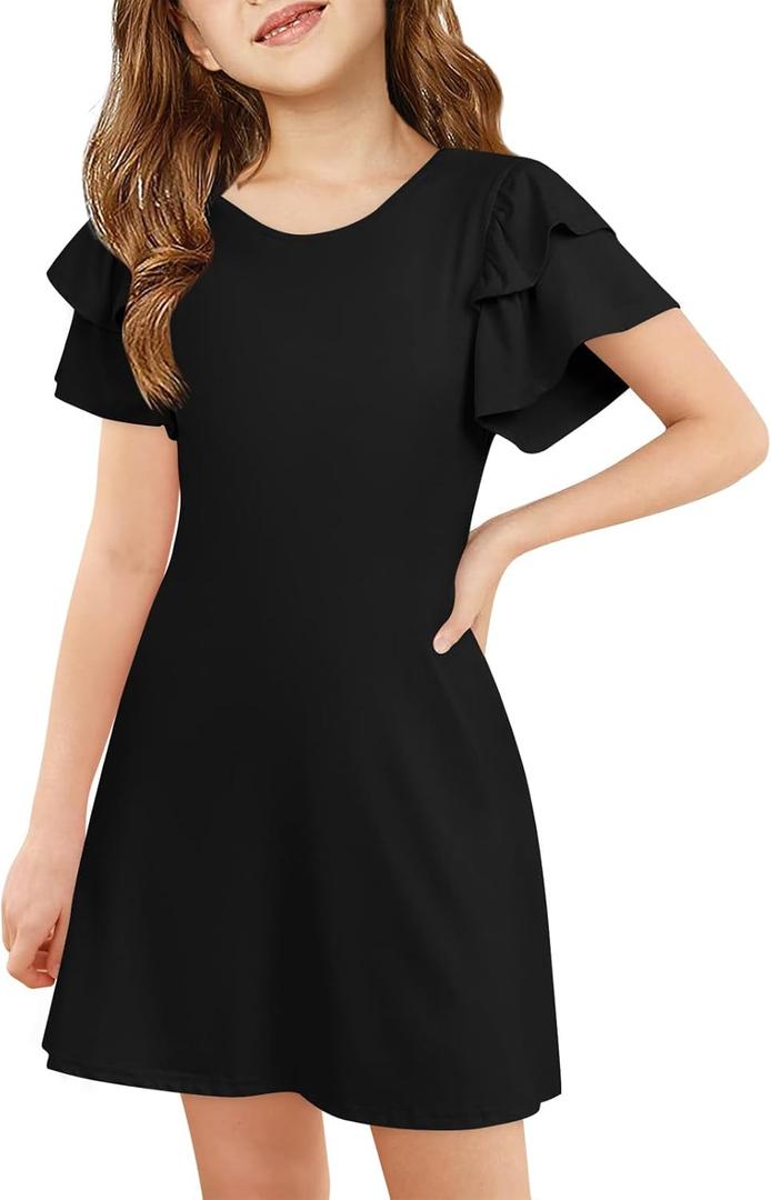 Haloumoning Girls Ruffle Sleeve Dresses Kids Summer Crewneck A Line Casual Dress 5-14 Years (7-8 Years)