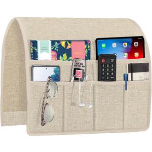Joywell Beige Remote Control Holder Recliner Armchair Caddy Couch Caddy Sofa Armrest Organizer Linen Fabric Tan Taupe Sofa Arm Chair Caddie with 6 Pocket Storage for Magazine, Tablet, Phone, iPad (19'' x 35'')