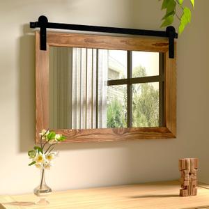 COGOOD Farmhouse Barn Door Mirror - 25 X 18 Rustic Wood Framed Decrative Mirror for Bathroom, Living Room, Entryway Wall Decor (Brown)