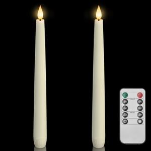 Homemory 2 Pcs Waxy Flameless Taper Candles with Remote, Flickering Battery Operated Taper Candle, Led Flameless Candlesticks Classic Tall Candles for Home, Wedding, Party, Ivory, 9.6 inches