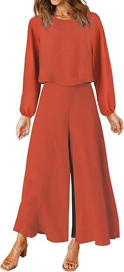 ROYLAMP Women's Summer 2 Piece Outfits Round Neck Crop Basic Top Cropped Wide Leg Pants Set Jumpsuits, Size L