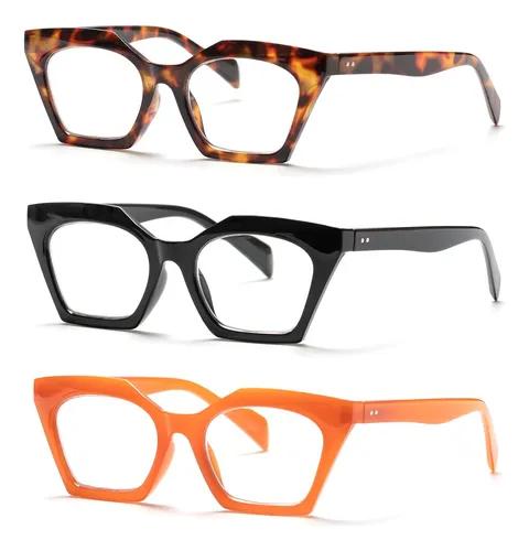 PEYEOISD 3 Pack Oversized Fashion Cat Eye Reading Glasses Women, Large Anti Blue Light Cateye Readers Flexible Spring Hange, Set of 2