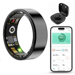 Smart Wellness Ring, Stylish Fitness Tracker with Heart Rate, Blood Oxygen, Blood Pressure, Sleep & Step Monitor. IP68 Waterproof, No Subscription, iOS & Android Compatible (Black, 9)