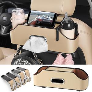 Car Rear Backseat Extra Multifunctional Drink Cup Holder Organizers With Tissue Storage Box Organizer & Hooks For Car Seat Back, Beige