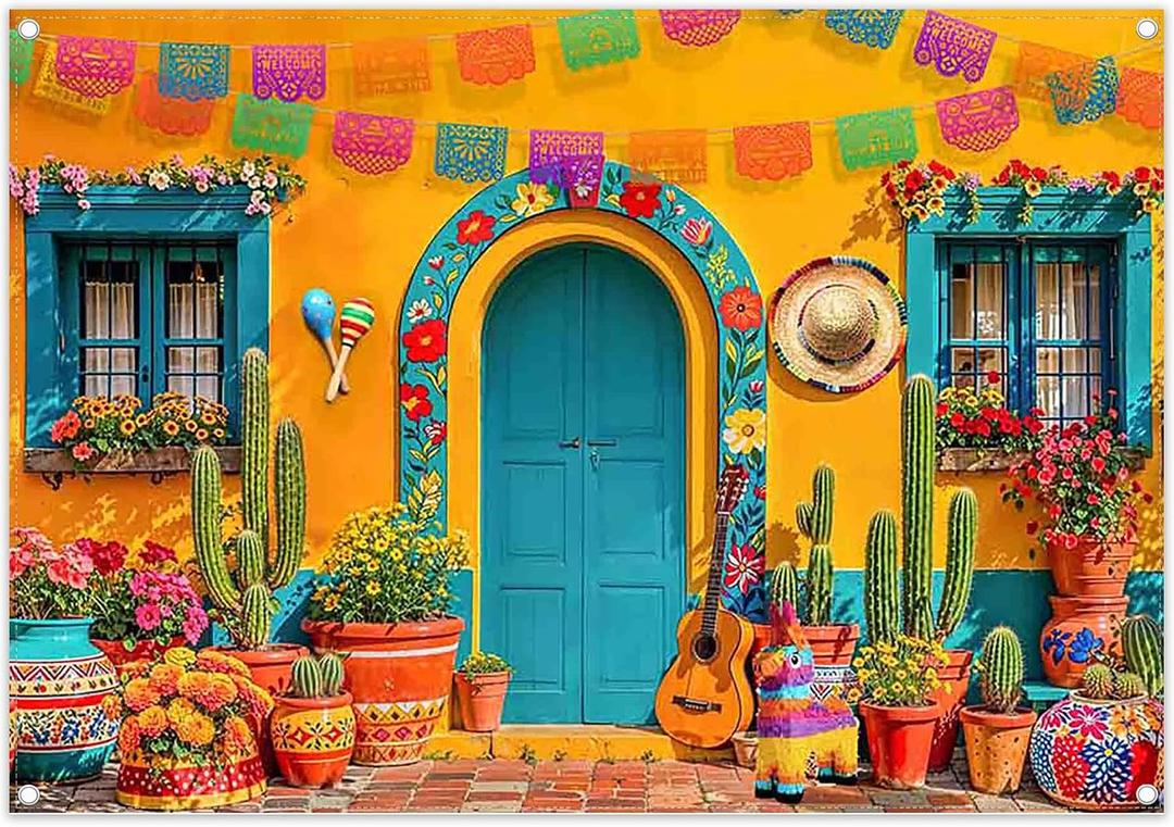 ZTHMOE Fabric 7x5ft Mexican Fiesta Photography Backdrop Cinco de Mayo Yellow Cabin House Cactus Flowers Guitar Background Carnival Festival Outdoor Party Decorations Photo Props