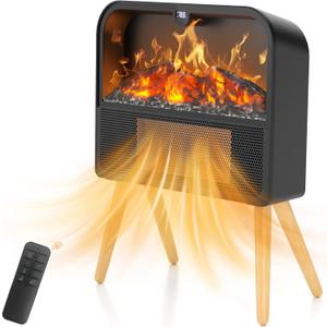 Electric Fireplace Heater, Ultra-Thin Electric Fireplace Stove with Realistic Flame & Solid Wood Stand, 17" Portable Space Heater for Small Space with 1-12H Timer, 59 to 95, 1500W