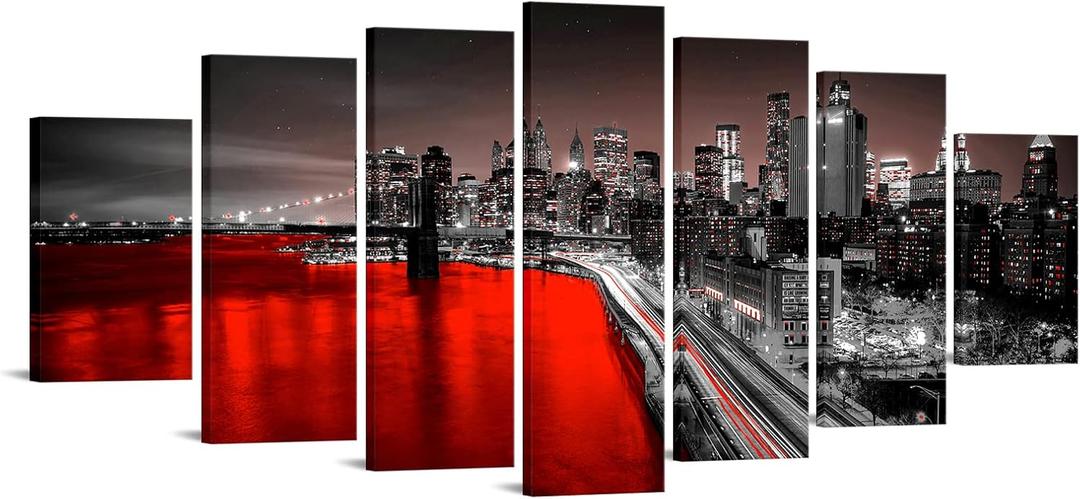 LevvArts Extra Large New York City Wall Art Canvas Brooklyn Bridge Night View Picture Print Black and Red City Painting for Home Office Living Room 70" W x 32" H Overall (Red) 7 PCs