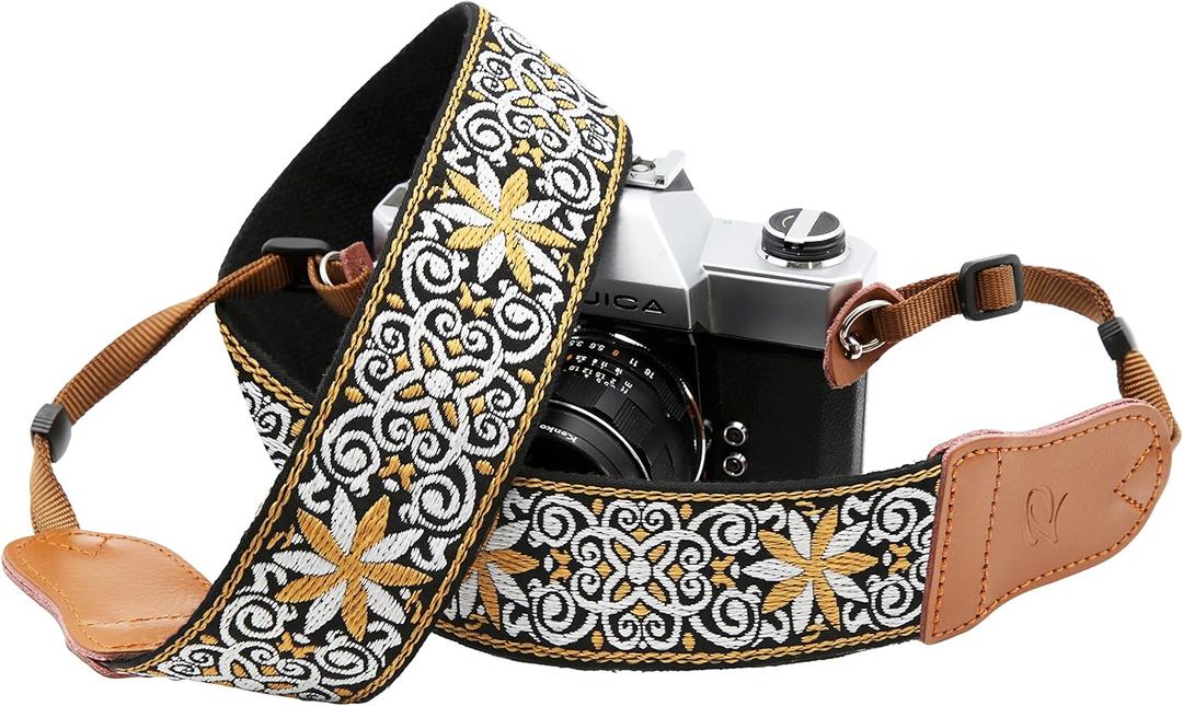 Padwa Lifestyle Yellow Floral Camera Strap - 2" Cowhide Head Camera Straps for Photographers,Vintage Jacquard Embroidery Woven Cotton Adjustable Shoulder Neck Straps for All DSLR Cameras