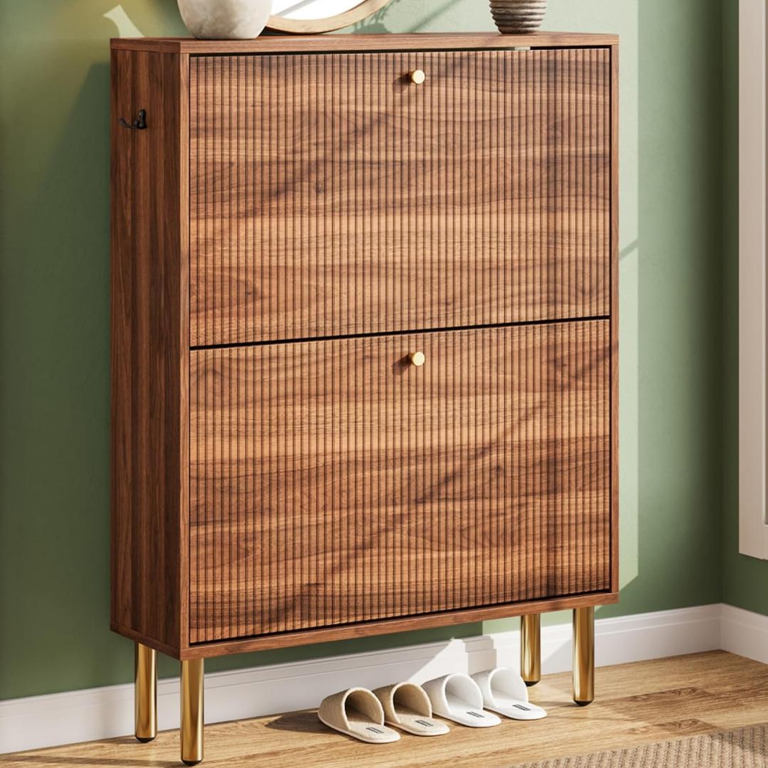 Nicetree Shoe Storage Cabinet for Entryway - 2 Flip Drawers Shoe Cabinet with Tiered Fluted Design - Slim Shoe Storage Rack with Gold Legs - Narrow Shoe Cabinet Hidden Shoe Organizer for Small Spaces, 30 inches x 9.5 inches x 36.7 inches