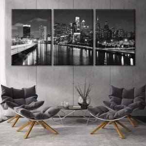 Philadelphia Cityscape Canvas Painting Wall Art Skyline at Night Framed Canvas Art Prints Native American Wall Artwork Pennsylvania, USA Canvas Poster Decorations for The Home, 60" Wx28 H, 20"x28"x3 Panels