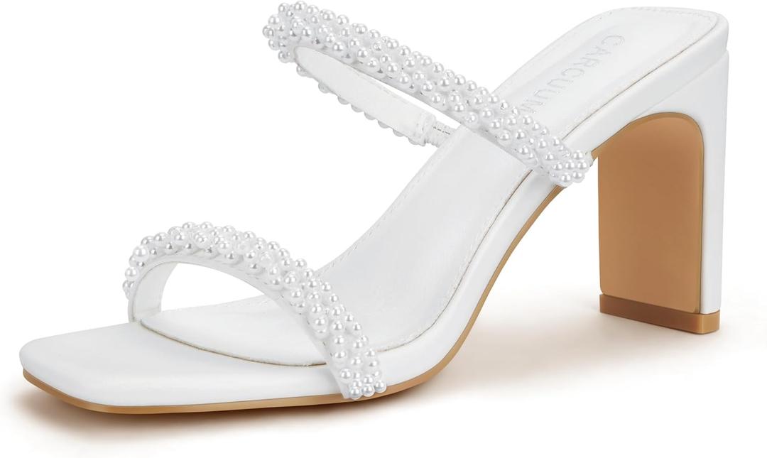 Carcuume Women's Square Toe Two Strap Open Toe Block Heels Sandals Slip On Shoes (9, Pearl)