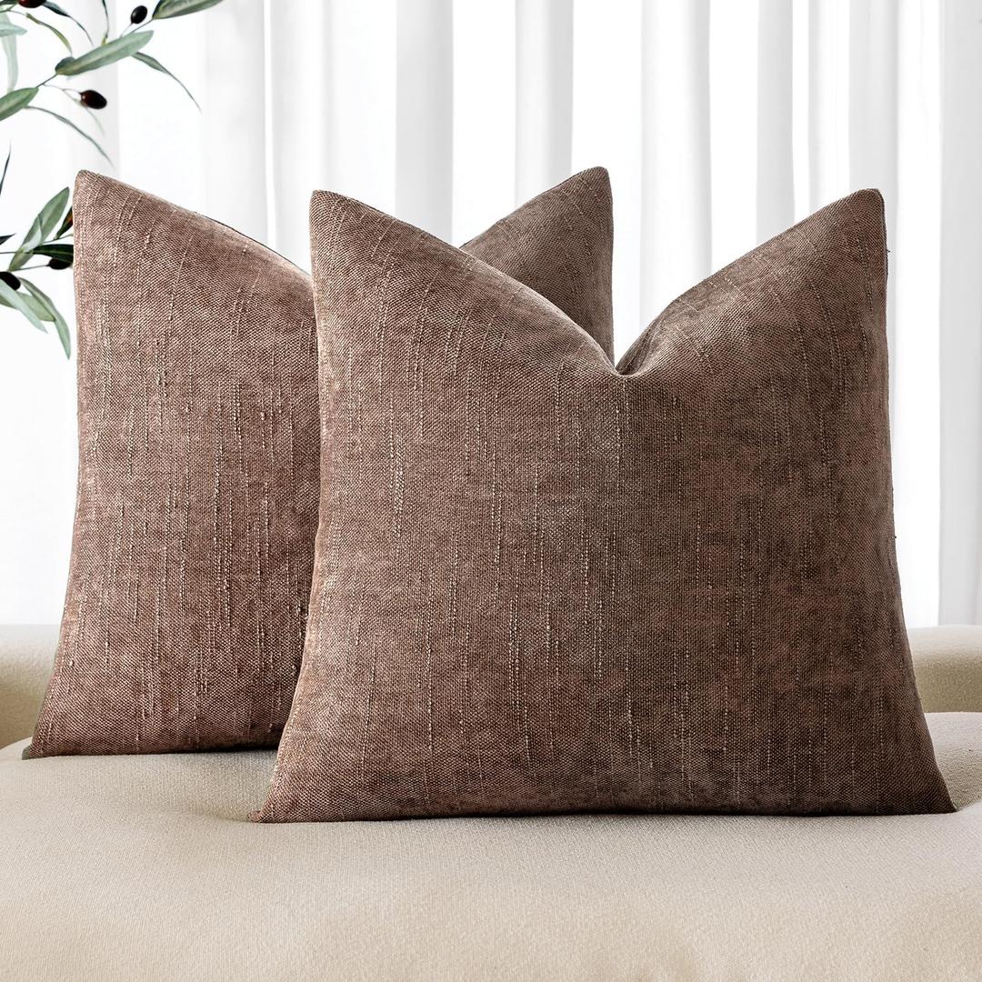 MIULEE Pack of 2 Decorative Throw Pillow Covers Soft Chenille Throw Pillows Solid Textured Cushion Covers for Couch Sofa Bedroom Living Room 18x18 Inch, Chocolate