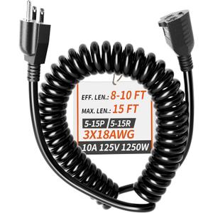 18/3 Gauge Black Coiled Extension Cord 15 ft Indoor Waterproof, Flame Retardant, Flexible 3 Prong Coiled Spiral Power Cord for Charging Electric Pallet Tucks, 10A 1250W 18AWG, ETL Listed