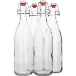 AYL Flip Top Glass Bottle [1 Liter / 33 fl. oz.] [Pack of 4] Swing Brewing Bottle with Stopper for Beverages, Oil, Vinegar, Kombucha, Water, Soda, Kefir Airtight Lid & Leak Proof Cap Clear
